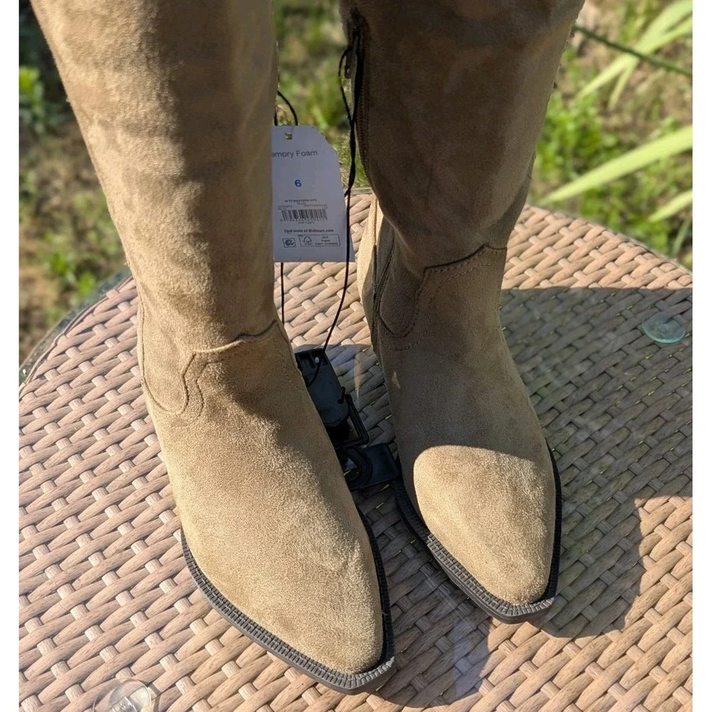 Coastal Cowgirl Western Over the Knee Taupe Boots Time & Tru Faux Suede Sz 6 NWT